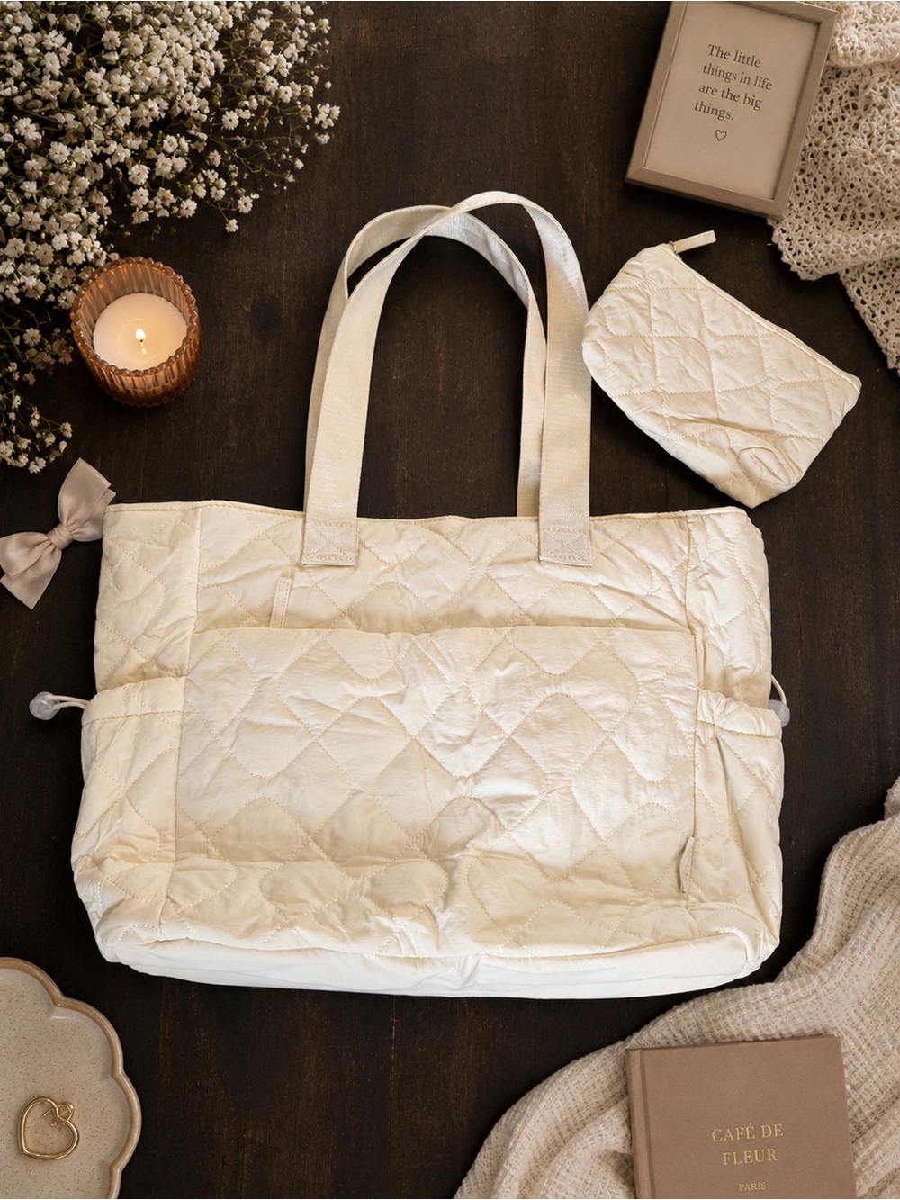 Women’s Tote Bag Cream Light Quilted Puffy, Shoulder Bag for Work Travel Laptop